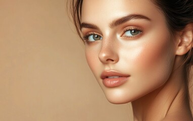Fototapeta premium Beautiful woman with flawless skin, against a beige background. Beauty portrait of a young, beautiful model close up on her face and shoulders. 
