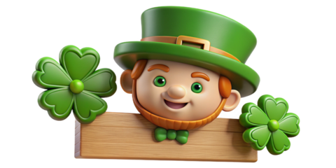 A cute, hand-drawn wooden sign with a tiny leprechaun peeking out from under a tilted green hat, giggling among lucky clovers.