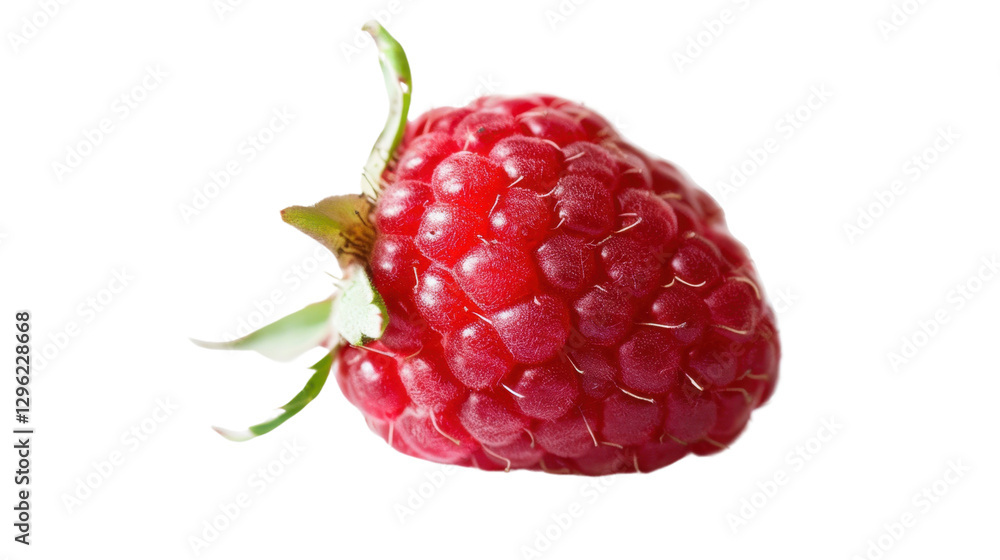 Poster fresh red raspberry isolated on transparent background with green leaves
