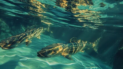 Fototapeta premium Underwater Scene Featuring Two Colorful Fish Swimming Gracefully Through Clear Ocean Water with Light Reflections and Vibrant Marine Life Surroundings