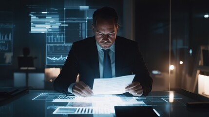 In a sleek, modern office bathed in the glow of augmented reality graphics, a businessman meticulously analyzes a company is financial report, his brow furrowed in concentration. Through the lens of