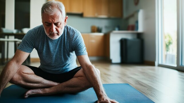 Rare illness patient using a yoga mat to practice gentle stretches. Featuring rehabilitation and relaxation