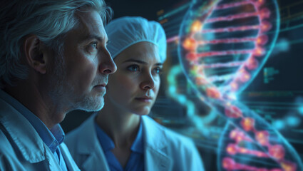Medical team analyzing dna structure on futuristic interface: genetic research for innovation