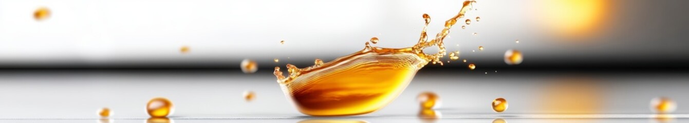 Obraz premium Splash of Golden Liquid with Droplets on a Reflective Surface in Soft Light