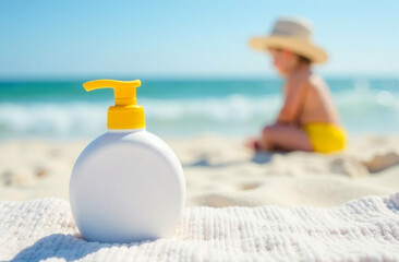 A white unlabelled bottle of children's sunscreen  sits on a beach towel. In the background, a toddler in bright shorts and a sun hat is playing in the sand. Sun protection and skin cancer prevention
