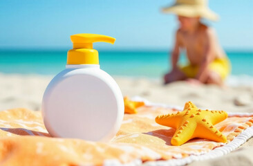 A white unlabelled bottle of children's sunscreen  sits on a beach towel. In the background, a toddler in bright shorts and a sun hat is playing in the sand. Sun protection and skin cancer prevention