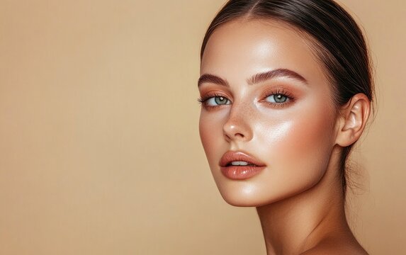 Beautiful woman with flawless skin, against a beige background. Beauty portrait of a young, beautiful model close up on her face and shoulders. 