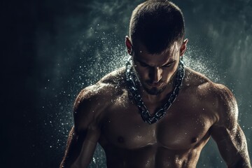 A photo of a man without a shirt wearing a chain around his neck A man breaking the chains symbolizing his transformation through fitness .