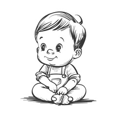 Hand Drawn Illustration Of A Smiling Baby Boy In Overalls Sitting With Crossed Legs