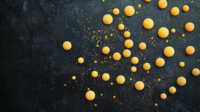 Scattered yellow circular objects on a textured dark background