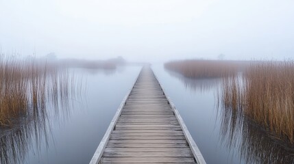 Naklejka premium A long wooden boardwalk vanishing into a foggy wetland, surrounded by tall reeds and still waters.