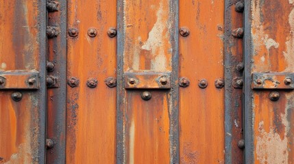 A macro shot of a heavily rusted industrial panel, dominated by orange rust hues.