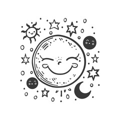 Hand Drawn Illustration Of A Smiling Moon Surrounded By Stars A Sun And A Crescent Moon