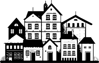 Naklejka premium Modern villa house illustrated as a vector SVG. Black and White Illustration of Varied Architectural Styles in Cityscape
