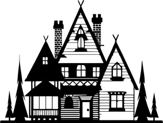 Fototapeta premium Modern villa house illustrated as a vector SVG. Charming Black and White Illustration of a Classic House Design