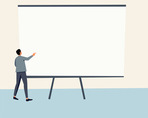 business presentation scene featuring a man pointing at a blank projector screen. Perfect for corporate training, marketing, education, and seminar illustrations