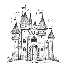 Obraz premium Hand Drawn Illustration Of A Stone Castle With Multiple Towers And Flags