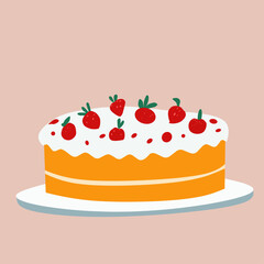 Delicious strawberry cake with whipped cream icing, perfect for celebrations, birthdays, and special occasions. A beautifully decorated dessert illustration for bakery and food themes