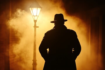 Silhouette of a detective wearing a fedora and trench coat