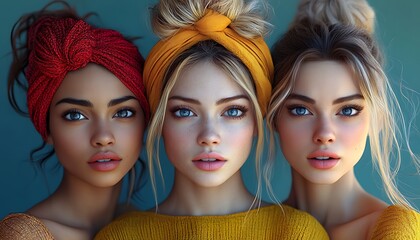 Obraz premium Three Women in Colorful Headbands and Yellow Sweaters Against Soft Blue Background
