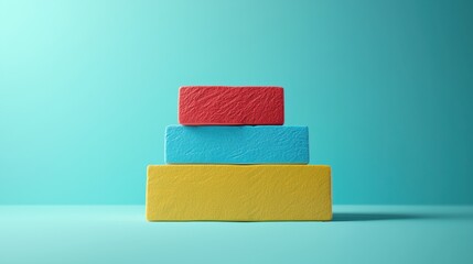 Obraz premium Colorful Stacked Blocks on Turquoise Background Minimalist Product Display or Abstract Design