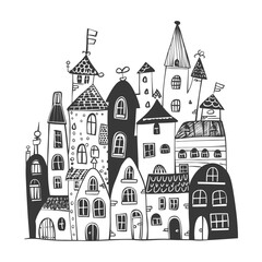 Hand Drawn Illustration Of A Whimsical Town With Unique Buildings