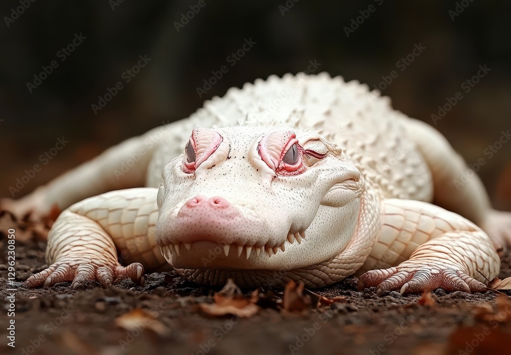 Poster unique albino creature with distinctive features lying on ground in forest with natural background s