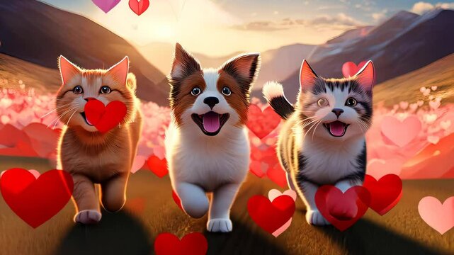 Adorable puppies and kittens playfully run across a whimsical field sprinkled with flying hearts, creating a joyful and enchanting atmosphere. Perfect for conveying happiness and love.