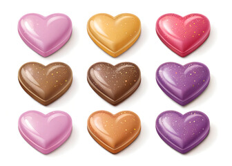 Colorful heart-shaped candies are arranged in a 3x3 grid pattern