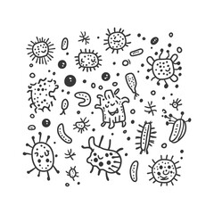 Hand Drawn Illustration Of Various Bacteria And Microbes With Smiling Faces