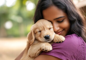 Young Indian Woman Cuddling Golden Retriever Puppy Outdoors