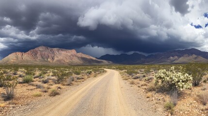 Fototapeta premium A rural dirt road under heavy clouds, with the storm approaching in the distance.