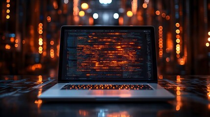 Innovative software development and web programming concept – abstract programming language and code on laptop screen with company network icons and modern technology workflow