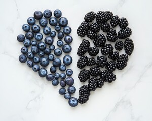 Split Heart of Blueberries and Blackberries on Marble