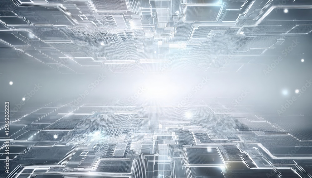 Poster futuristic digital network perspective with glowing circuit lines and abstract geometric grid, perfect for technology themes

