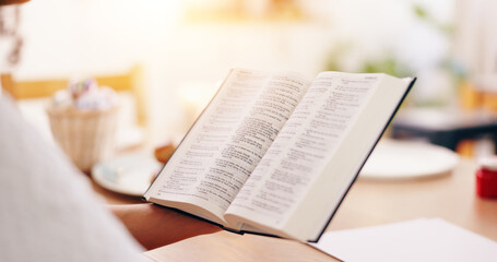 Fototapeta premium Person, bible book and point with hands, reading or studying for praise, worship or faith in home. Knowledge, closeup and information with religion, learning or spiritual guide for connection to God