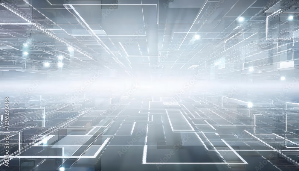 Poster futuristic digital network perspective with glowing circuit lines and abstract geometric grid, perfect for technology themes


