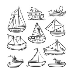 Hand Drawn Illustrations Of Various Types Of Boats