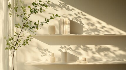 Fototapeta premium Sunlight Illuminating Minimalist Interior with Greenery and Neutral Decor