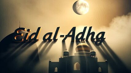 Animation of eid al-adha text with crescent moon and mosque 
