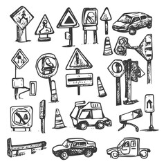 Obraz premium Hand Drawn Sketches Of Road Signs Traffic Lights Cars And Cones