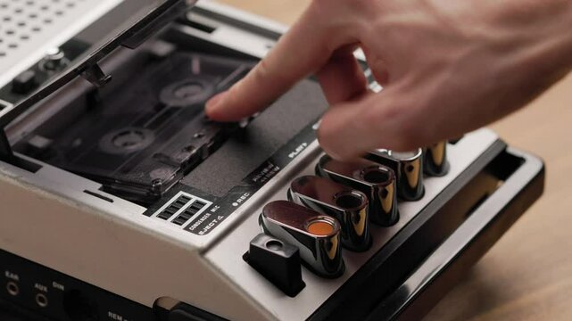 Person inserting a compact cassette into a vintage tape recorder