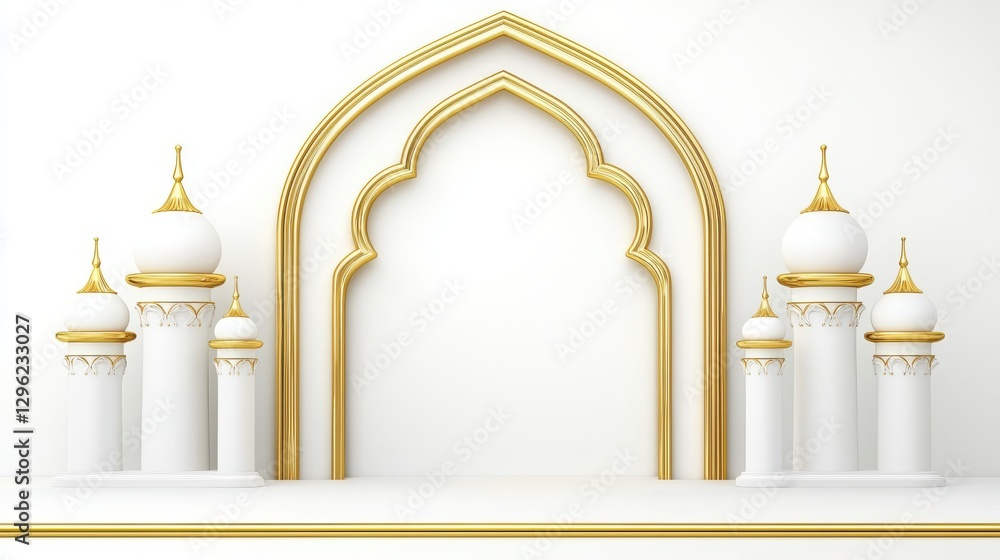 Poster a minimalist architectural design featuring intricate arches and domes with a gold and white color s