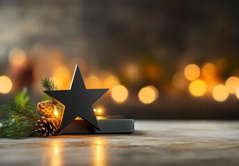 Festive Star Decoration with Holiday Lights, Pinecones, and Greenery for Christmas Celebration Scene