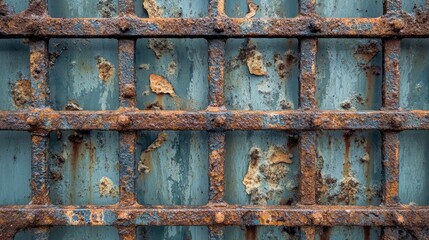 A rusty iron fence with flaking paint and heavy corrosion, set against a neutral background.