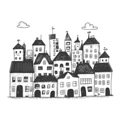Fototapeta premium Hand Drawn Sketch Of A Charming Cityscape With Various Buildings