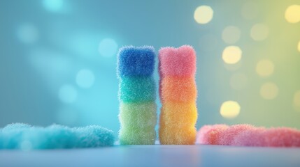 Colorful Fluffy Rainbow Cubes Stacked Pastel Bokeh Background Sweet Treat Concept