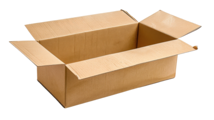 Open cardboard box isolated on transparent background, ready for shipping