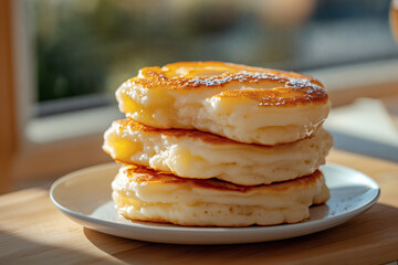 Stack of fluffy pancakes with syrup