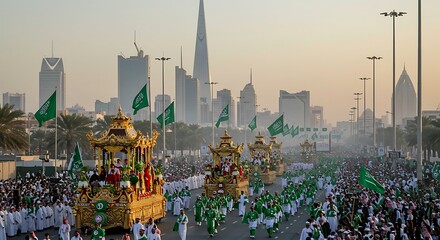 Saudi Arabia National Day Parade with Green Flags and Golden Chariots